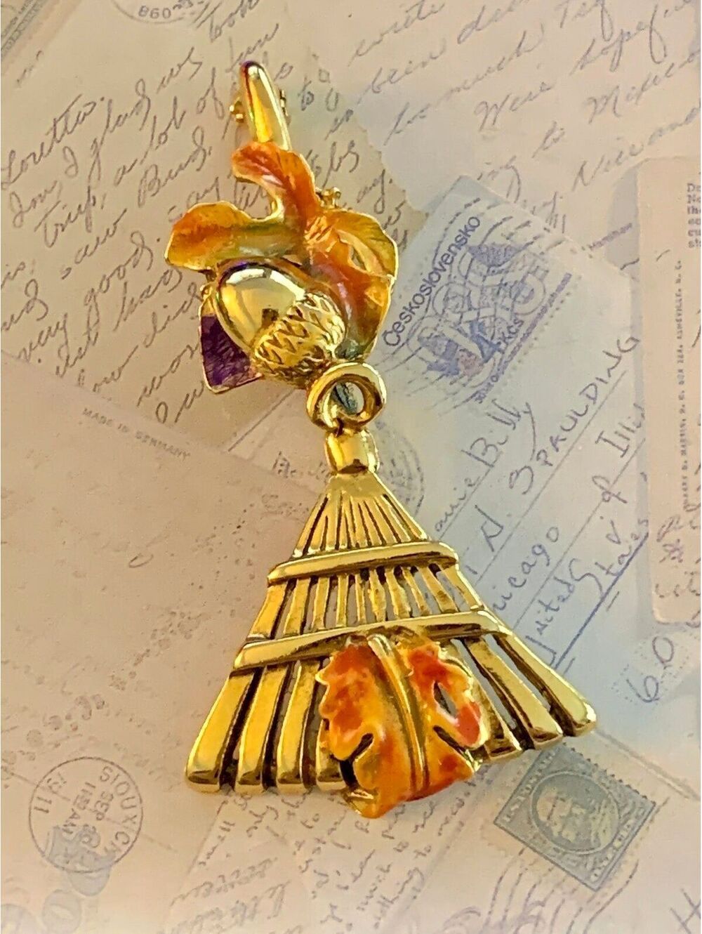 Vintage Autumn Leaf Acorn & Yard Rake Dangle Figural Brooch